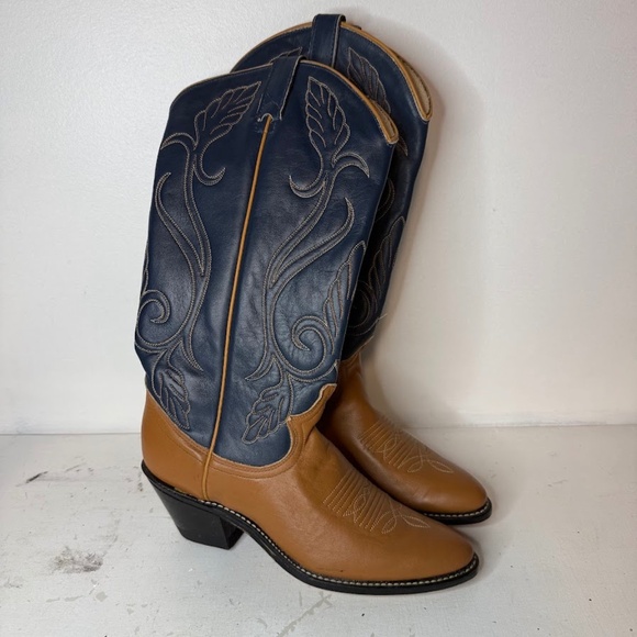 Vintage Acme Women's Royal Blue Tan Leather Cowboy Boots Boho Festival 7 N - Picture 1 of 8